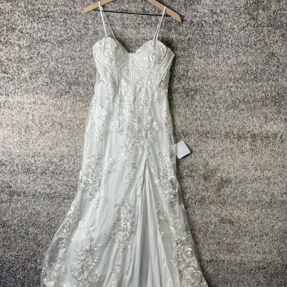 Lulus Wedding Dress Womens Large White Lace Maxi Gown Bridal Corset Back‎ Train - Picture 2 of 13